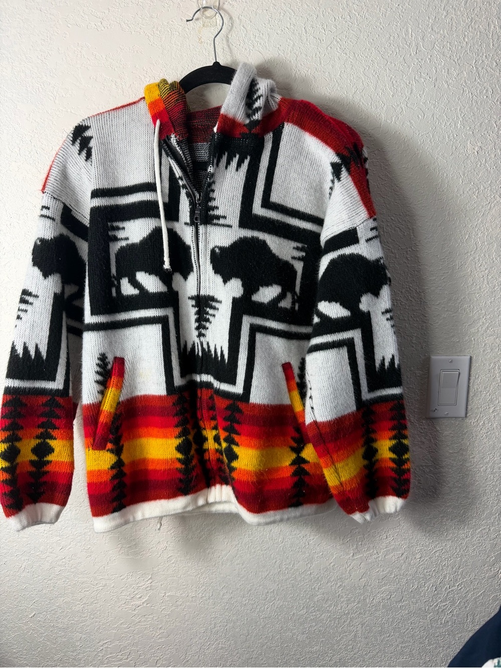 Camptex Hooded Aztec Design Full-zip Wool Sweater Jacket Sz M
